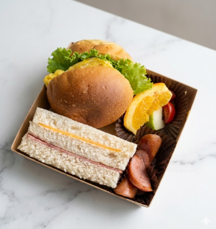 歐姆蛋漢堡＋起司火腿三明治＋德式香腸＋水果