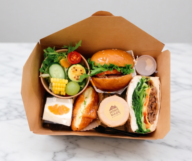 起司燒肉三明治＋檸檬塔塔雞漢堡＋香草卡士達可頌＋手工焦糖布丁＋水果三明治＋胡麻食蔬沙拉