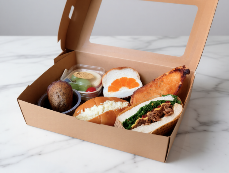 起司燒肉三明治＋明太子小法國＋蛋沙拉奶油捲＋水果生乳包＋伯爵馬德蓮＋精緻水果盒